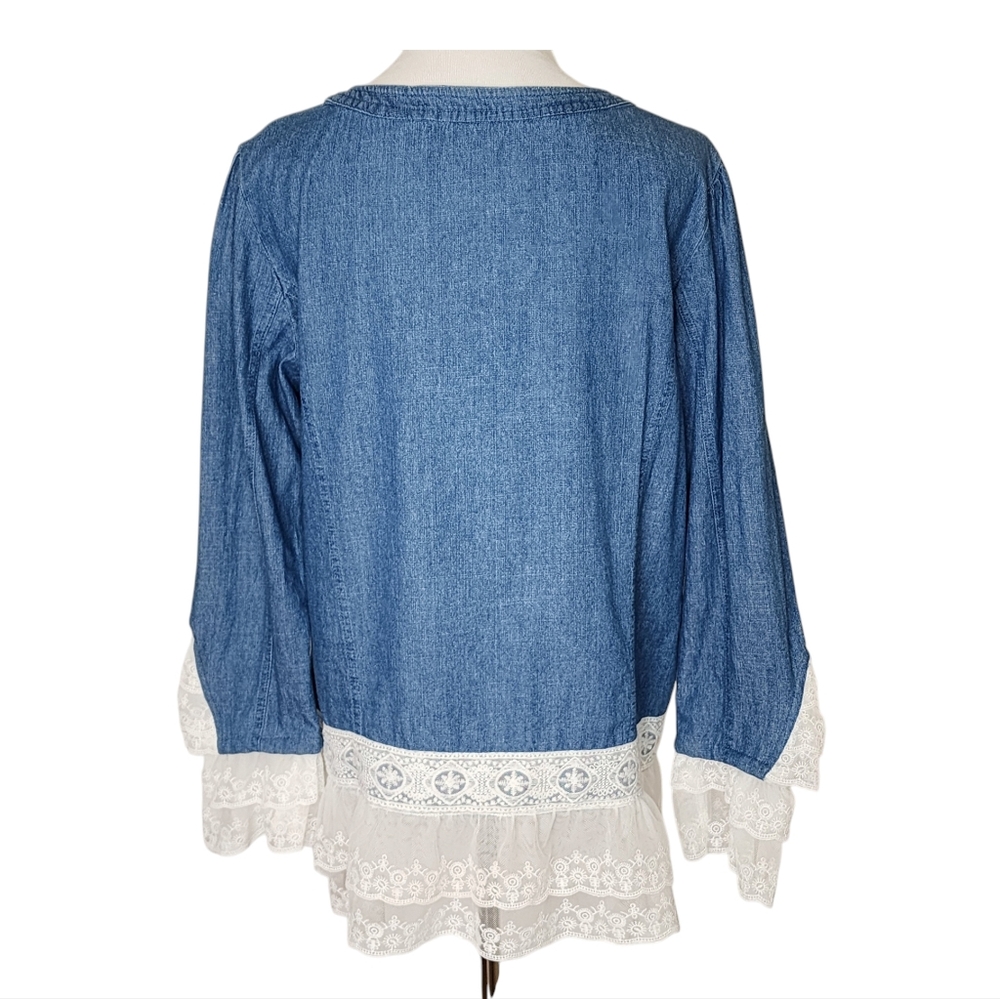 Unbranded denim jacket top blouse with lace trim front buttons 2 pockets sz lrg - Picture 4 of 14